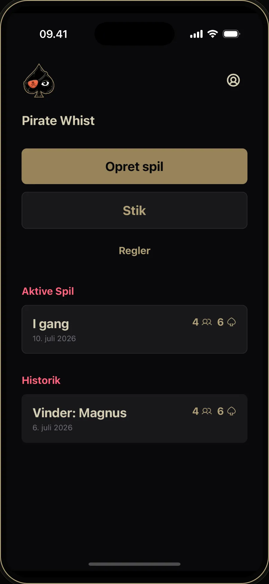 Pirate Whist-komposition med startskærmens aktive spil og seneste historik.