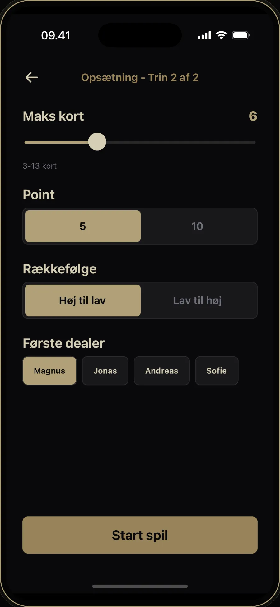 Pirate Whist-komposition med seks kort, fem point, høj til lav-rækkefølge og Magnus som første dealer.